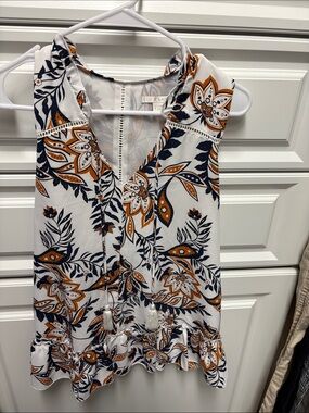 Sleeveless V-Neck Floral Blouse in White, Navy & Mustard